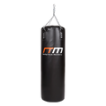 Black punching bag with Randy Travis Machinery logo on a white background