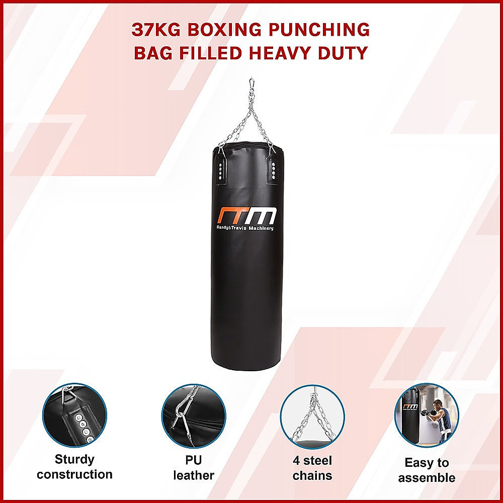 Black boxing punching bag with RTM branding on a white background