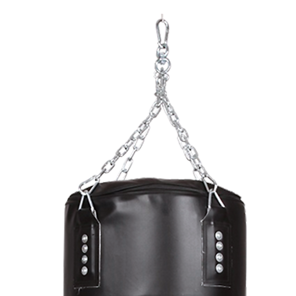 Black punching bag with chain on a white background