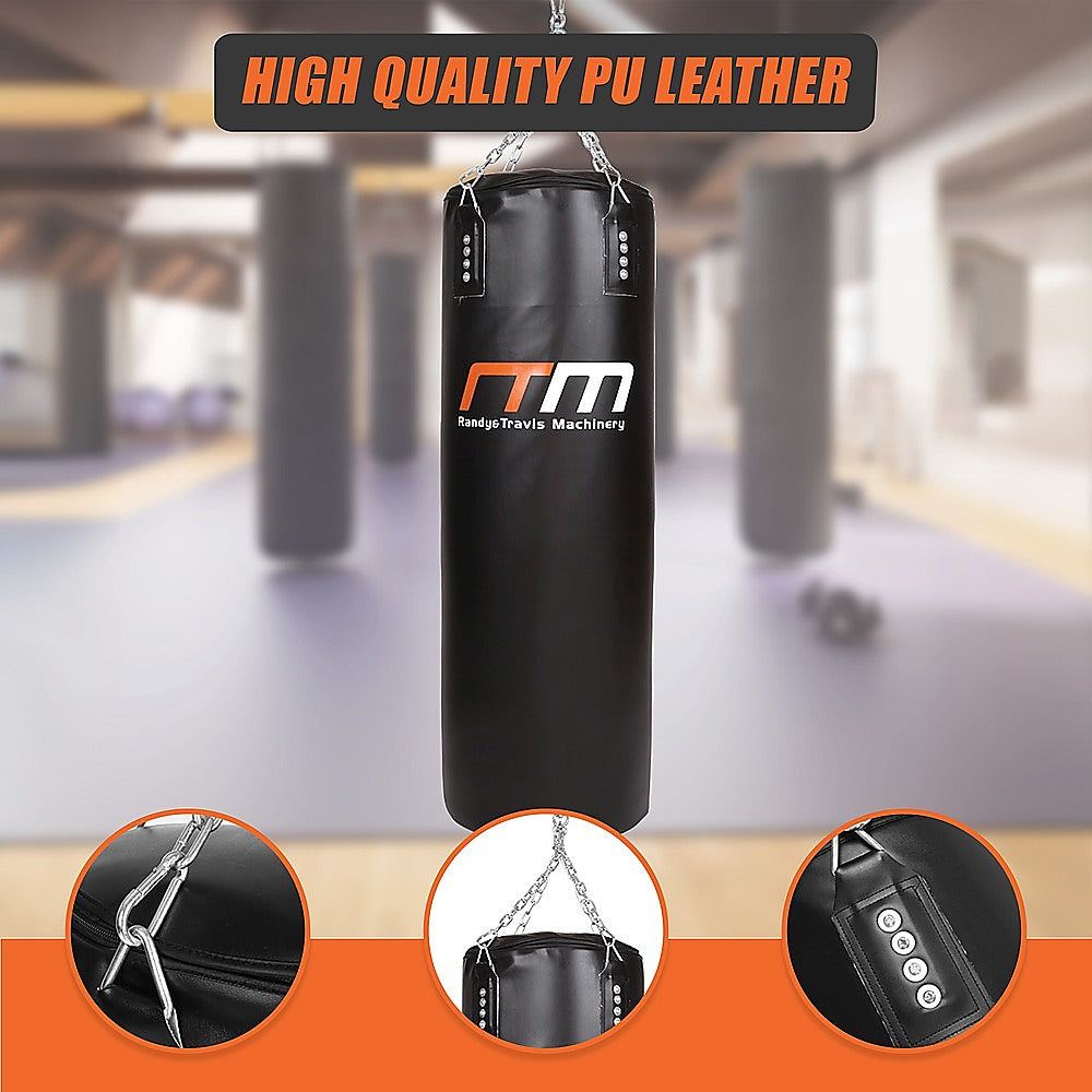 Black punching bag with RTM branding in a blurred indoor setting