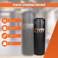 Black punching bag with Randy Travis Machinery branding, featuring product details on an orange and gray background.