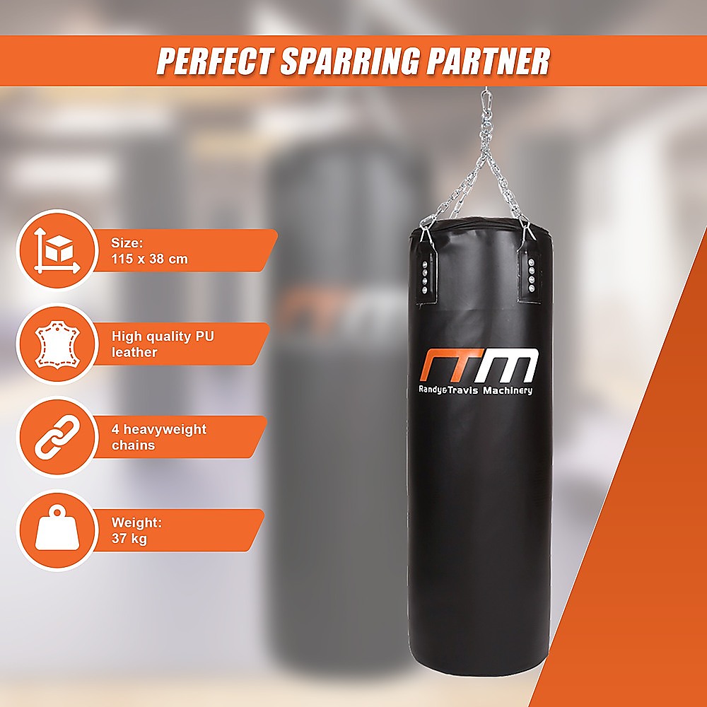 Black punching bag with Randy Travis Machinery branding, featuring product details on an orange and gray background.