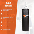Black punching bag with 'MTM' branding on an orange background with product details.