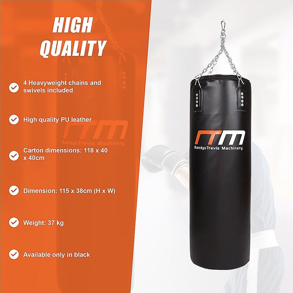 Black punching bag with 'MTM' branding on an orange background with product details.