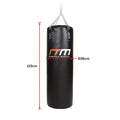 Black punching bag with Randy Travis Machines logo and measurements on a white background