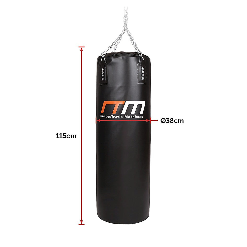 Black punching bag with Randy Travis Machines logo and measurements on a white background