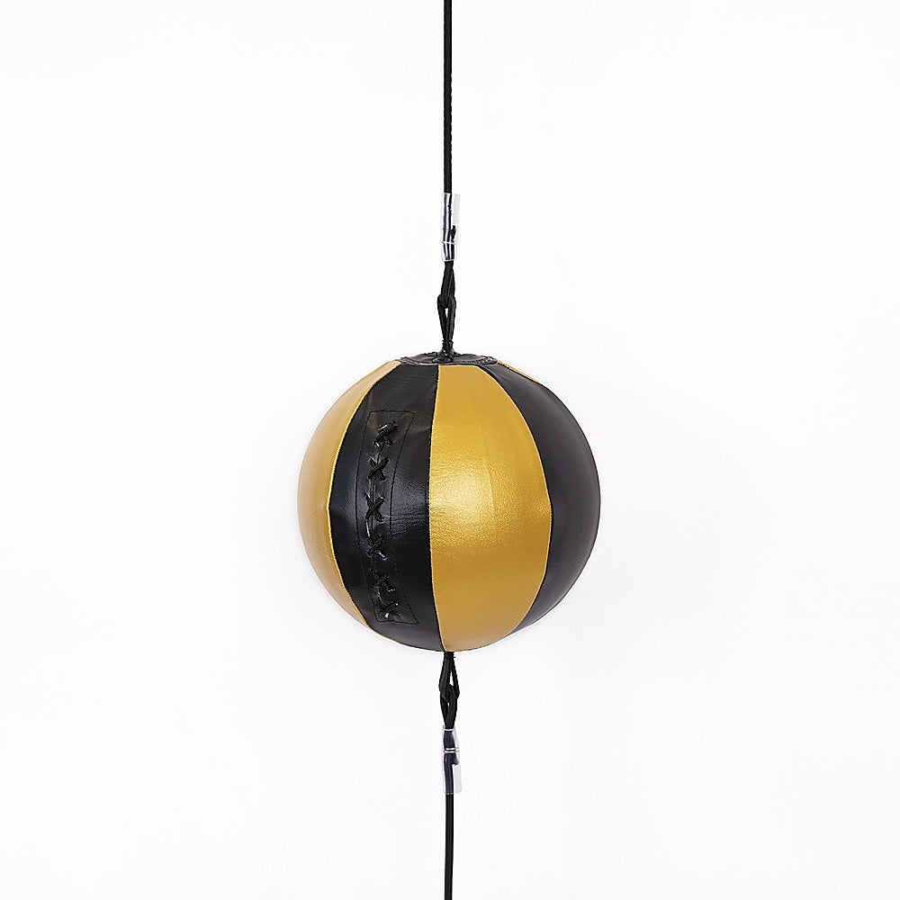 Black and gold punching bag with a rope on a white background