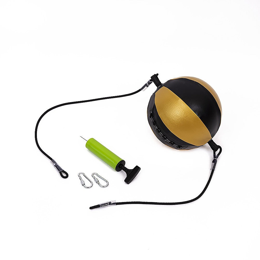 Black and gold punching bag with a rope on a white background