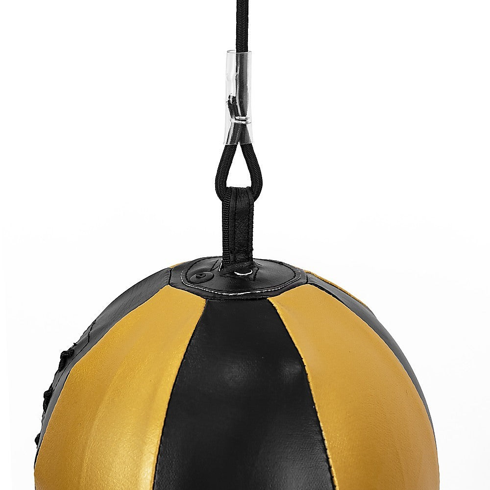 Black and yellow punching bag with a hanging strap on a white background